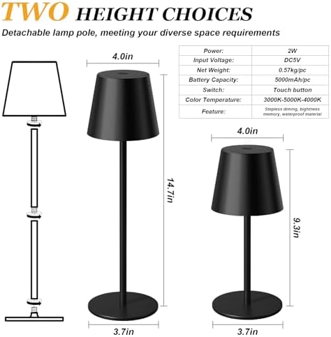 Kakanuo Cordless Table Lamp Rechargeable Black - KK 2 Pack 5000mAH Battery Operated Lamp for Counter, 3 Color Stepless Dimming Wireless Lamp for Dining Kitchen, Outdoor Patio, Touch Control - Image 6