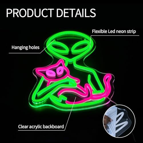 Alien Neon Sign for Wall Decor Dimmable Aliens Cat Led Lights Signs for Bedroom Green Neon Light for Game Room Man Cave Bedroom Party Decoration Gift for Kids Boys - Image 6