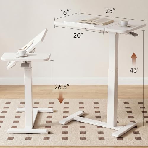 GTPLAYER Pneumatic Adjustable Standing Desk, 28 Inch Tiltable Mobile Rolling Laptop Table with Wheels, Overbed Bedside Table Computer Workstation for Home Office, White - Image 2