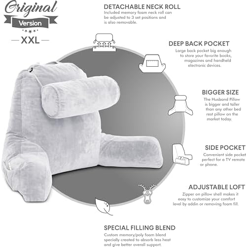 Husband Pillow XXL The Original for Adults - 30" Tall Backrest for Sitting Up in Bed - Firm Support Reading & Bed Rest Pillows for Adults, Neck Roll, Removable Cover - TV - Light Grey - Image 5