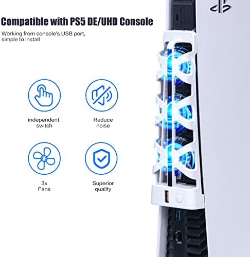 PS5 Cooling Fan with LED Light & USB Port, Quiet External Fan for PlayStation 5 Digital/Disc Console, White (Not Compatible with Slim/Pro) - Image 6
