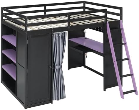 Merax Full Size Loft Bed with Desk and 6 Storage Shelves, Wardrobe, Blackout Curtain, Solid Wood Gaming Loft Bed Frame with USB Port & RGB Lights, No Box Spring Needed, Space-Saving, Black+Purple - Image 6
