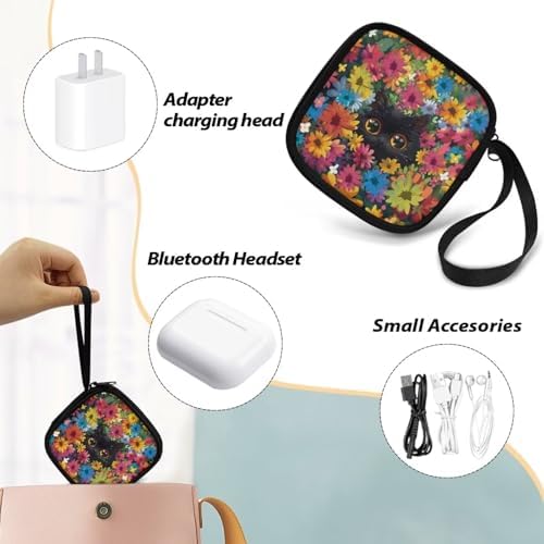 Lightweight Headphone Storage Bag, Colorful Flower Black Cat Portable Headset Carrying Pouch Headphone Case Bag Soft Travel Pouch for Ear Headphones Headphone Holder - Image 6