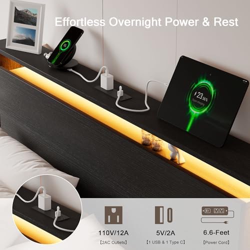 Einhomn Full Size Bed Frame with LED Lights & Charging Station – Kids Wood Floating Bed Frame with Storage Headboard, Adhesive Slats, Kick-Free & Noise-Free Design, Easy Assembly, Black - Image 4