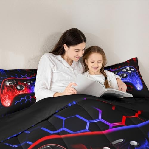 Erosebridal Ombre Art Honeycomb Gaming Consoles Bedding Set Red Blue Neon Lights Game Consoles Toddler Bedding Sets for Boys Geometry Hexagon Beehive Duvet Insert Gamer Room Decor for Boys - Image 3