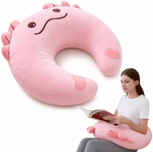 Cute Gaming Pillow for Lap - Plush Reading & Crocheting Pillow for Sitting in Bed, Soft Arm Support Cushion for Tablet/iPad, Kawaii Room Decor Gift Teen Girls & Pink Axolotl Lovers by MLdian