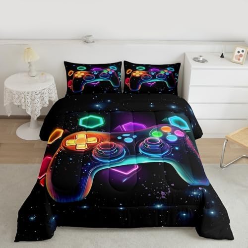 Erosebridal Game Consoles Bedding Set Queen Gamer Gifts, Gaming Comforter Sets Space Glow Geometric Kids Comforter Sets Boys Red Green Blue Teal, Gamer Room Decor for Boys' Rooms - Image 5