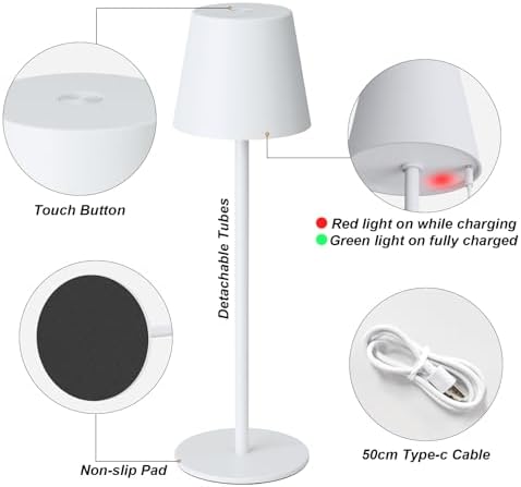 Kakanuo White Cordless Table Lamp Rechargeable - 2 Pack 5000mAH Battery Operated Lamp for Table, 3 Color Stepless Dimming Wireless Lamp for Kitchen Counter, Touch Control - Image 5