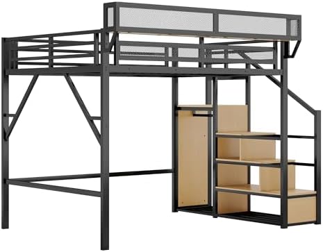 KEIKI Queen Size Metal Loft Bed Frame with Convertible Staircase, Built-in Storage Shelves and Wardrobe, Loft Bed with Solid Slats, Guardrail, No Box Spring Required, Easy Assembly, for Bedroom, Black - Image 6