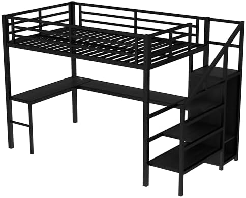 Full Size Loft Bed with Desk and Storage Stairs, Metal Loft Bed Frame with Multi-color LED Lights, Charging Station, and Hanging Rod, Heavy-duty Loftbed for Kids, Teens, Adults, Noise-free, Black - Image 5