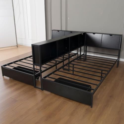 Black Corner Bed with Drawers, Bookcase, Light & Charging Station,Twin/Twin - Image 5