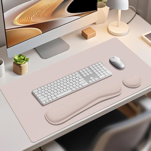 Desk Mat Set， Wrist Rest for Computer Keyboard, 3-in-1 Large Mouse Pad and Keyboard Wrist Rest Set, Non-Slip Desk Mat Protector for Office, Home(27.5×13.8 Inches, CreamPI) - Image 2
