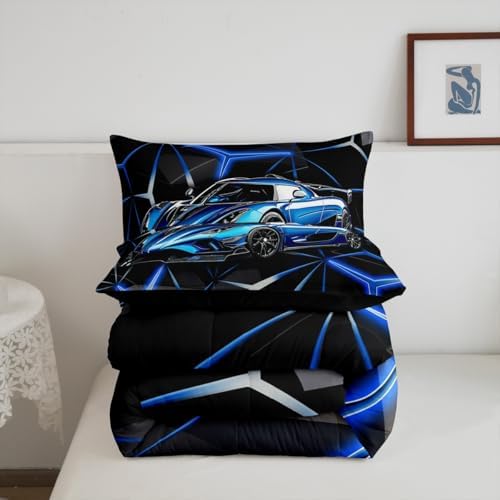 Feelyou Kids Boys Sports Car Comforter Set Queen Size Blue Race Car Comforter for Kids Teens Room Decor Extreme Sports Bedding Set Cool Speed Car Decor Quilt Set Soft for All Season - Image 5