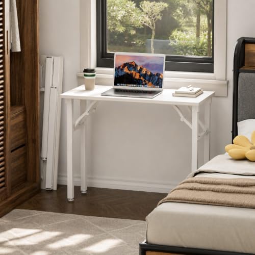 Folding Table Computer Desk - 35.8" No Assembly Folding Desk Design and Foldable Office Desk, Small Desk for Bedroom, Compact Storage Portable Use for Dorm and RV Small Space, White Ash - Image 2