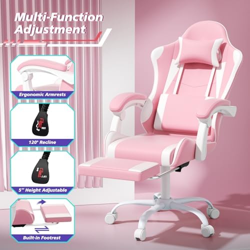 Magshion Video Gaming Computer Chair with Footrest, Pink/White | Ergonomic, Lumbar Support, Adjustable Height, Racing Style, High Back Recliner, Comfy Leather, Swivel Seat, for Home Office - Image 6