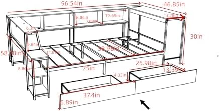Bellemave Twin Size Corner Bed Frame with Storage Drawers, Bookcase and Side Desk, Twin Corner Bed with Light and Charging Station, Daybed for Bedroom, Living Room, Guest Room Black - Image 2