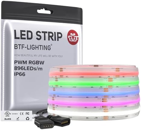 BTF-LIGHTING FCOB COB LED Strip Light IP66,UL Listed RGBW 6000K 896LED/m High Density LED Strip,16.4FT DC24V 12mm Width Color Changing Light for Bedroom Home Indoor DIY Decor(No Adapter or Controller) by BTF-LIGHTING