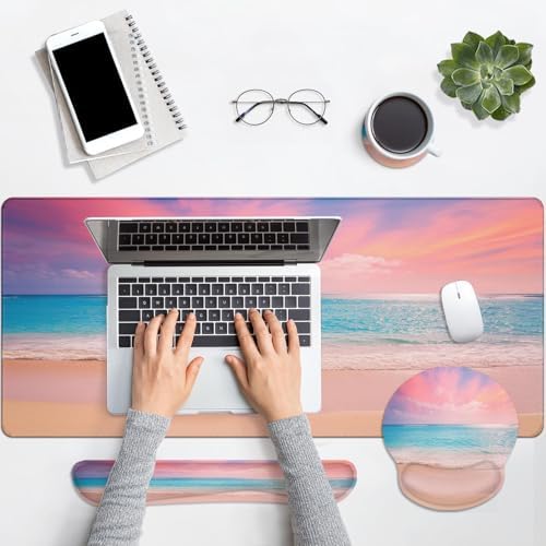 Arttown Keyboard Mouse Pad Set, 4 in 1 Desk Mat Set Beach Ocean Turquoise - Image 7