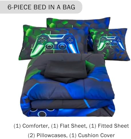 URBONUR 6Pcs Gaming Comforter Set Queen Size for Boys Girls Blue Green - Image 4