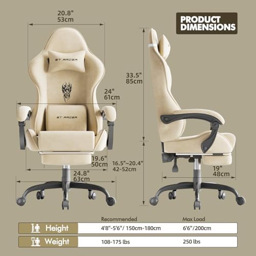 Ferghana Velvet Fabric Gaming Chair, High Back Ergonomic Gamer Chair for Adult, Comfortable Video Game Chair with Footrest and Massage Lumbar Cushion, Racing Reclining Office Computer Desk Chair Beige - Image 3