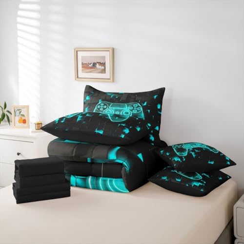 Erosebridal Video Games Bedding Set Queen 7 Piece,Modern Gamer Comforter Set with Sheets | Gamepad Bed in A Bag for Kids Boys Teens Bedroom, Player Gaming Console Bed Sets, Teal Black - Image 5