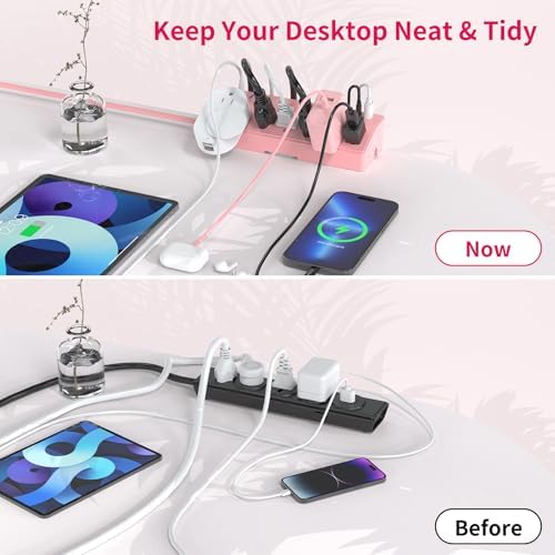 Pink Desk Clamp Power Strip 6FT with 40W USB C Ports, JXGUCAT Flat Plug Desk Mount Power Strip Surge Protector, Removable Extension Cord with 2 USB-C Ports 6 Outlets, Fits 1.8" Tabletop Edge - Image 5
