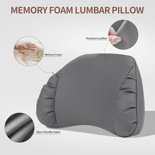 Memory Foam Lumbar Support Pillow for Car Seat, Gray, 1 Pack | Leather Lumbar Pillow for Lower Back Pain Relief - Back Cushion for Driving - Chair Support for Office Chair, Gaming Chair - Image 2