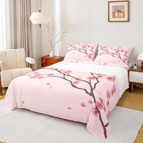 Cherry Blossoms Bed Sheets Girl Pink Floral Sheet Set King 4 Pcs Japanese Spring Bed Sheets Set + Blossom Petal Branch Floral Flat Sheet + Decor 2 Pillow Cases For Women,Girly Romantic Style - Image 3
