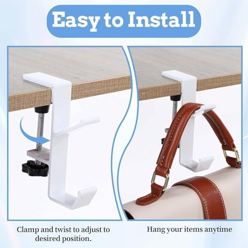 YUANQIAN Clamp-On Under Desk Headphone Holder Backpack Hook Students' Desk Hook with Adjustable Arm Clamp Women's Bag Handbag and Purse Holder -Suitable for Plate Between 1-5cm (3Pack White, 3) - Image 4