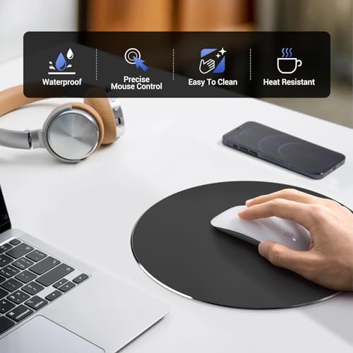 HONKID Metal Aluminum Mouse Pad Thin Hard Mousepad 7.87 * 7.87 Round Black - Image 2