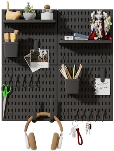 SHGJ&SOFT Peg Board Wall Organizer Panels, 22pcs - Includes 4 Black Pegboards & Accessories, Plastic Pegboard for Home，Office, Craft Room, Gaming Setup, 24″×24″, Wall Mount Display Pegboard Panel Kits by Unknown