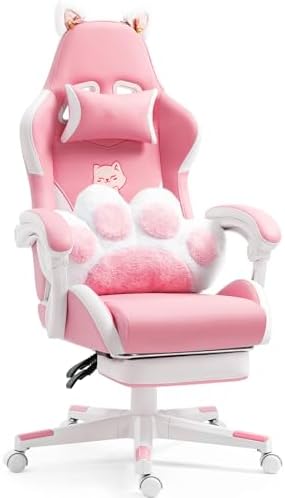 Cute Ergonomic Gaming Chair with Footrest, Girls Pink Gaming Chair with Cat Ears & Paw Lumbar Pillow for Adults Women Teens, 310 Lbs Capacity (Cute Pink) by HRVEOCEI