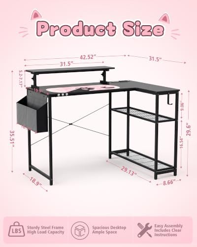 GTPLAYER 43" L Shaped Gaming Desk, Home Office Corner Desk with Storage Shelves, Computer Desk with Monitor Stand, Side Storage Bag & Hooks, Sturdy Metal Frame PC Workstation, Black - Image 2