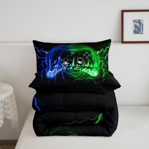 Feelyou Gamer Comforter Set for Kids Boys,3D Video Gaming Bedding Set Full Size,Kids Teens Game Bedroom Room Decor,Blue Green Game Contoller Comforter,Geometric Fire Gaming Bed Set for Game Lovers - Image 5