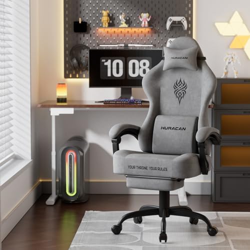 Ferghana Velvet Fabric Gaming Chair - 20.5″ Wider Seat Cushion, Fire Embroidery, Ergonomic High Back Game Chair with Footrest | Computer Chair with Massage Lumbar Support for Adult, Gray - Image 2