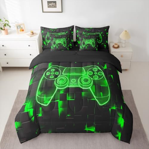 Erosebridal Full Gamer Bedding Set 7 Piece for Boys | Player Gaming Comforter Sets Game Controller Sheet Set Ombre Geometric Square Bed in A Bag for Kids Teens Men, Green Black - Image 2