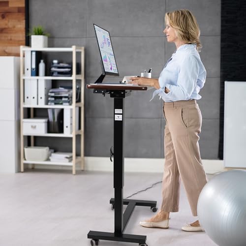 Vaunn Medical Electric Overbed Table Bedside Height Adjustable Table with Wheels (Electric-Powered, Hospital and Home Use) - Brown (Organic Modern) - Image 2