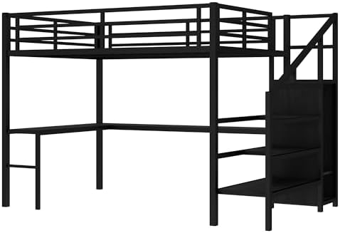Queen Size Loft Bed with Desk and Storage Stairs, Metal Loft Bed Frame with Multi-color LED Lights, Charging Station, and Hanging Rod, Heavy-duty Loftbed for Kids, Teens, Adults, Noise-free, Black - Image 7