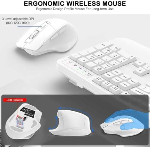 Wireless Keyboard and Mouse Combo, 2.4G Ergonomic Wave Keys(White) - Image 4
