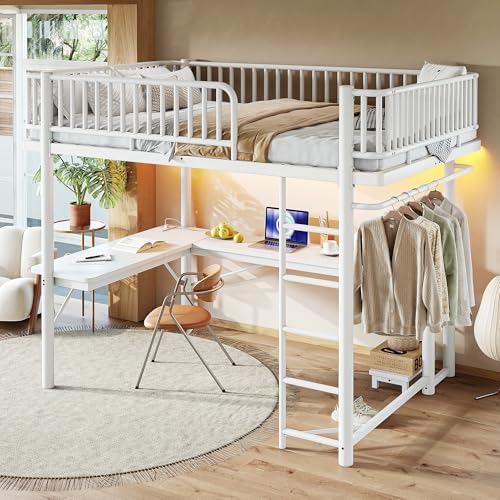 Bellemave Queen Metal Loft Bed with L-Shaped Desk,LED Lights and Charging Station,Heavy Duty Loft Bed Frame with Hanging Rod & CPU Tray for Kids Teens Adults,Space-Saving,White - Image 4