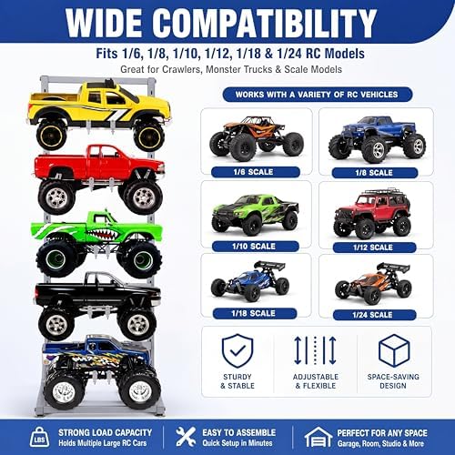 AceOrbit Rc Car Stand 5 Layer Adjustable Wall Mount Car Display Rack with Screws Crawler 15" x 13" x 60" Storage System for 1/10 1/12 1/18 1/24 1/32 Multiple Scale Cars/Trucks Stand Shelf(Silver) - Image 6