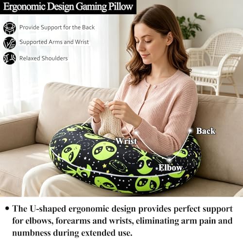 Ergonomic U-Shaped Gaming & Lap Pillow for Crocheting - Cute Alien Crochet Pillow with Elbow & Arm Support, Lap Desk Pillows for Reading, Playing or Crocheting, Suitable for Adults - Image 4