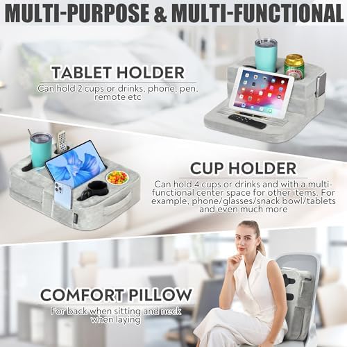 TabCouchCaddy - Couch Cup Holder Tray Pillow - Bed, Couch Caddy, Sofa, RV & Car - Holds Drinks, Snacks, Remotes, Phones, Kindle, Tablet | Bed Cup Holder (Grey) - Image 3