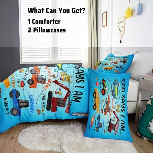 Boys Construction Vehicles Truck Comforter Set Full,Christian Kids God Says I Am Construction Bedding Set,Car Excavator Tractor Bedroom Set（1 Comforter 2 Pillowcase） Blue - Image 3
