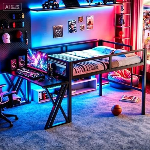 Bellemave Full Size Gaming Loft Bed with Desk, USB Ports & LED Lights, Metal Loft Bed Frame with Mesh Guardrails, Space-Saving for Dorms, Bedrooms, & Gaming Setups (Black/Full) - Image 3