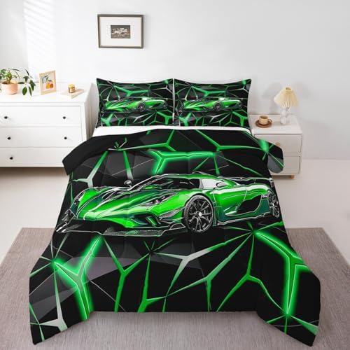 Feelyou Sports Car Bedding Set for Boys, Green Race Car Comforter Set Toddler Size for Kids Teens Adult, Cool Speed Car Bedding Comforter Sets Extreme Sports Quilt Race Car Decor Quilt Set for Boys - Image 6