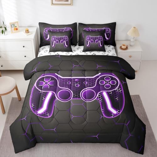 Feelyou Gamer Comforter Set with Sheets for Kids Boys Teens Game Controller Bed in a Bag Gaming Gifts 7 Piece Bedding Set Full Size for All Season,Purple Bed Set - Image 3