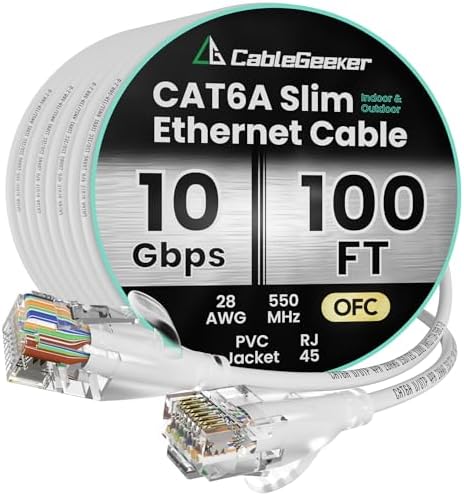 CableGeeker Cat 6A Slim Ethernet Cable 100t, 10Gbps, White by CableGeeker