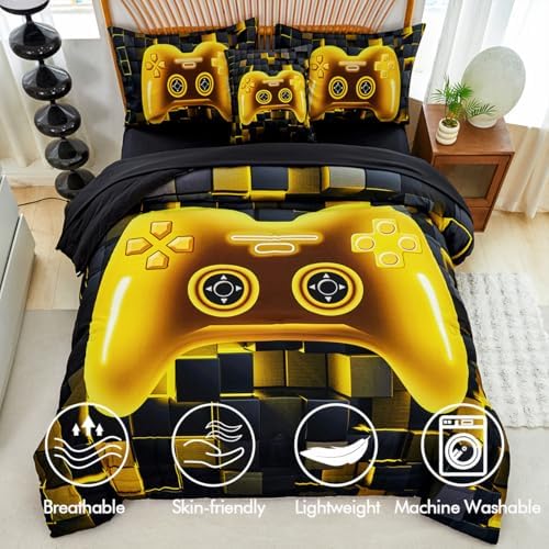 PERFEMET 6 Pieces Queen Bed in A Bag Gamer Black and Gold Boys Comforter Set with Sheets Soft Fluffy 3D Cool Video Game Kids Bedding Set for Teen Girls(Gold, Queen) - Image 4