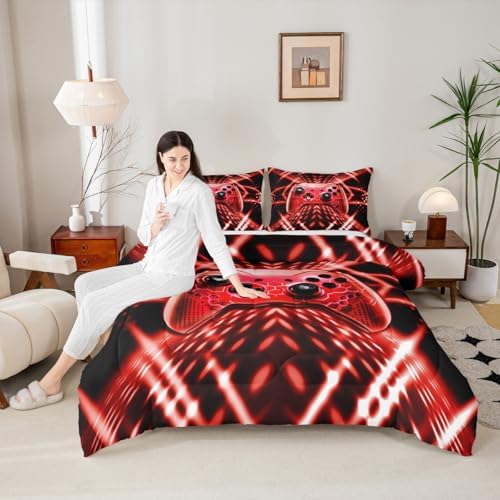 Feelyou Gamer Bedding Set Toddler Size Kids Gaming Comforter Set for Boys Girls Teens Game Room Decor Red Black Geometric Game Controller Duvet Quilt - Image 5